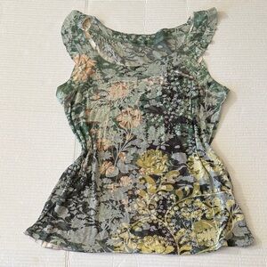 Women Floral Green Sleeveless Top Sz L Lightweight Boho Fairy Garden Earth Tank